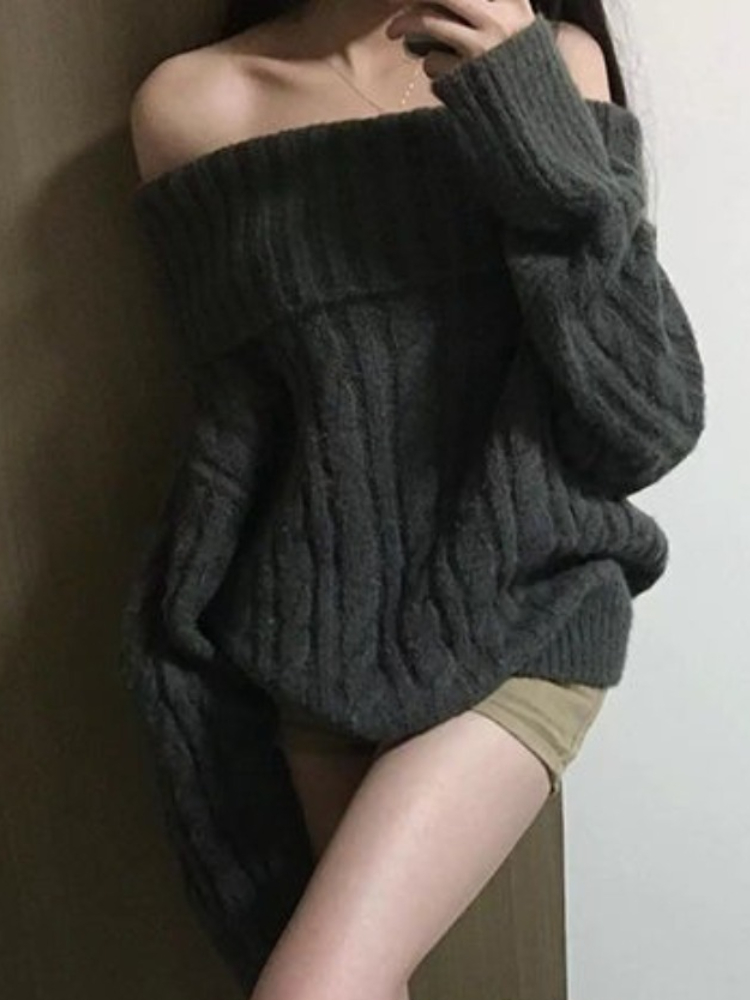 Winter Clothing Factory Outlet - Frans ontwerp grijze off-shoulder gebreide trui