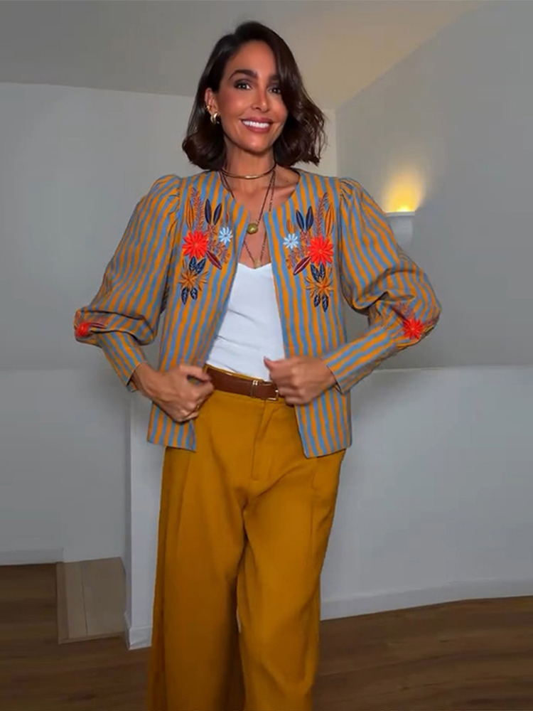 Winter Clothing For Woman - 2026 Vroege herfst gestreept bloemenborduurjack met